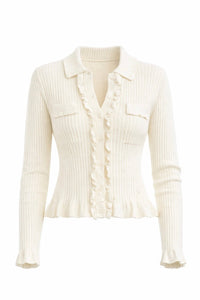 Ruffle Button- Long Sleeve Tops - Ivory