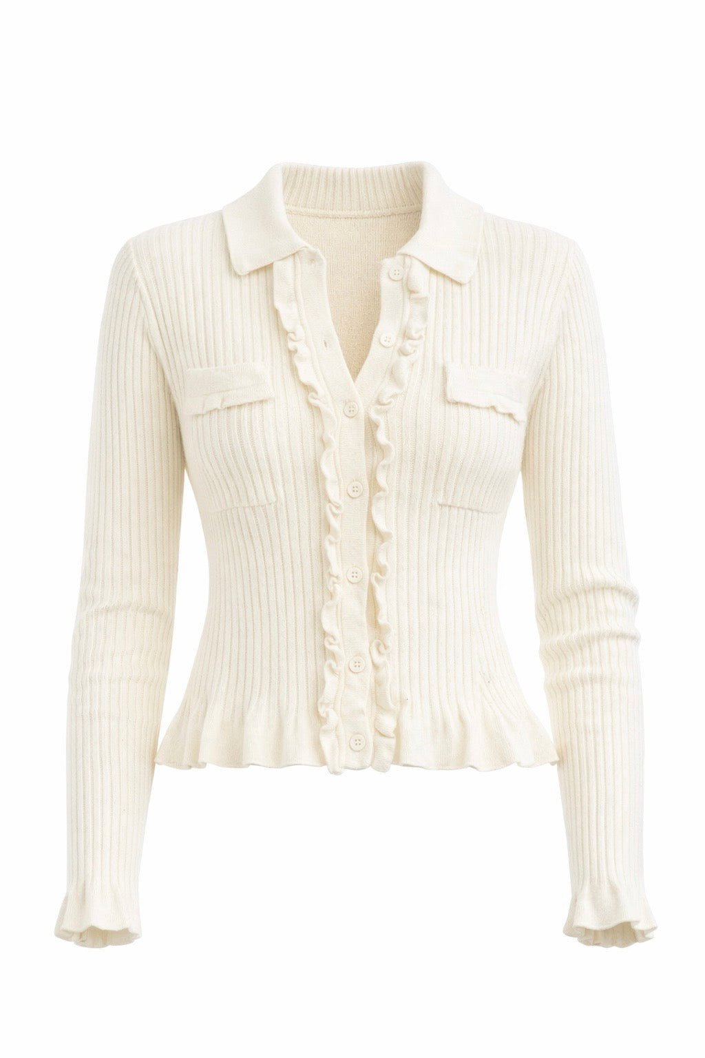 Ruffle Button- Long Sleeve Tops - Ivory