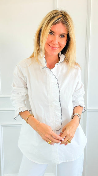 Ruffle Contour Elegance Italian Button Top- White