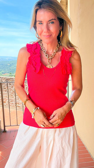 Ruffle Detail Sleeveless Italian Top - Red