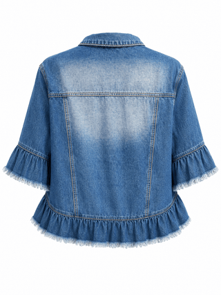 Ruffle Sleeve Raw Hem Denim Jacket