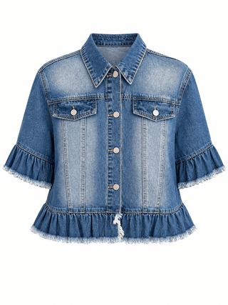 Ruffle Sleeve Raw Hem Denim Jacket