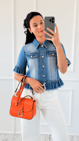 Ruffle Sleeve Raw Hem Denim Jacket
