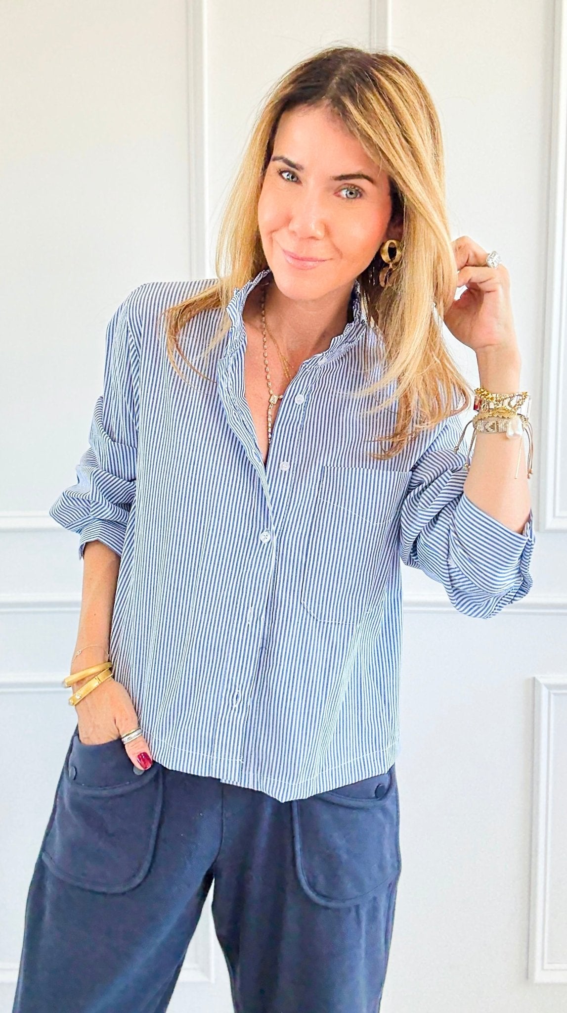 Ruffle Stripe Crop Italian Top-110 Long Sleeve Tops-TATTOO Z-Coastal Bloom Boutique, find the trendiest versions of the popular styles and looks Located in Indialantic, FL