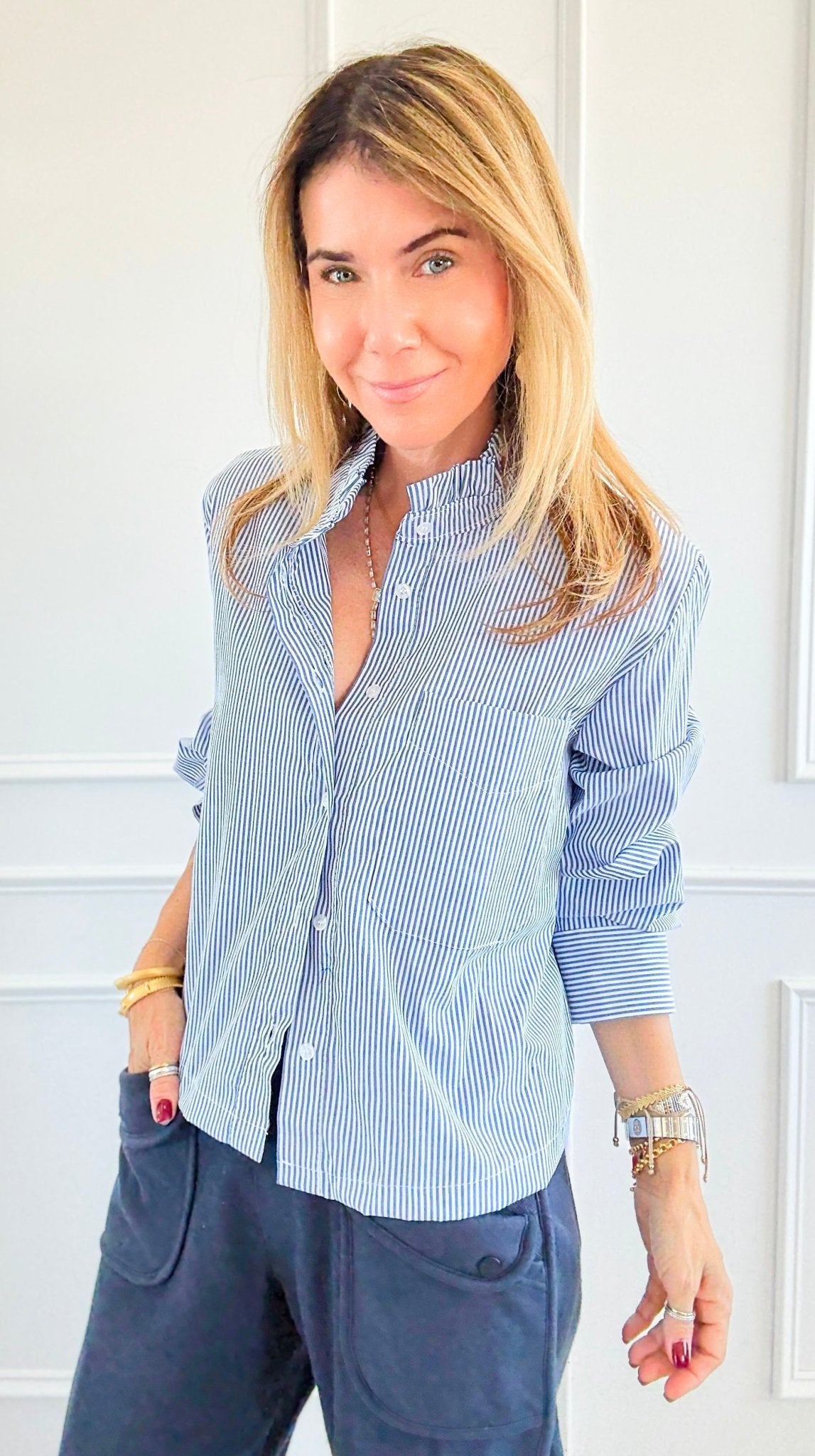 Ruffle Stripe Crop Italian Top-110 Long Sleeve Tops-TATTOO Z-Coastal Bloom Boutique, find the trendiest versions of the popular styles and looks Located in Indialantic, FL