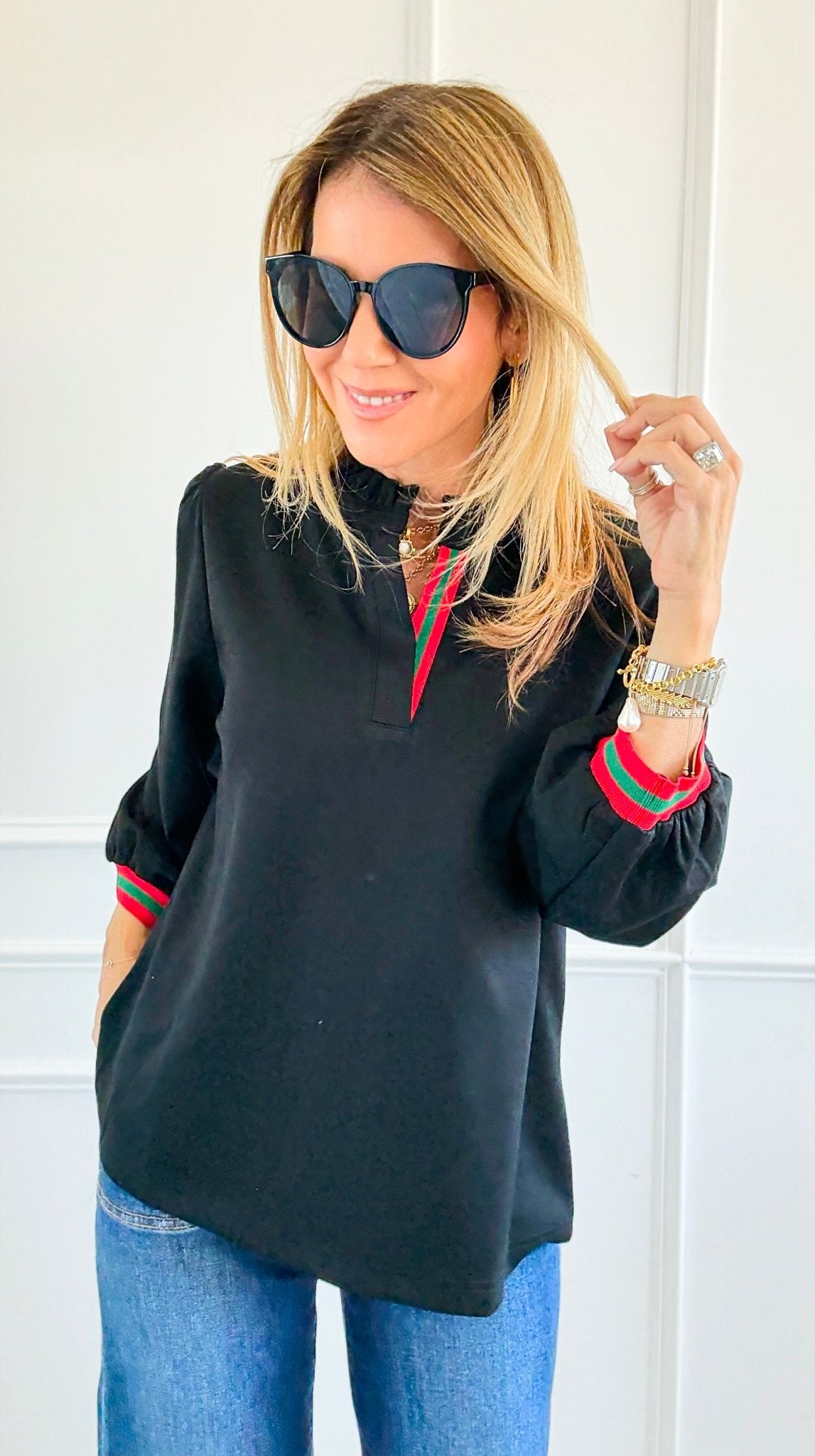 Ruffled Collar Trim Top - Black-110 Long Sleeve Tops-JODIFL-Coastal Bloom Boutique, find the trendiest versions of the popular styles and looks Located in Indialantic, FL