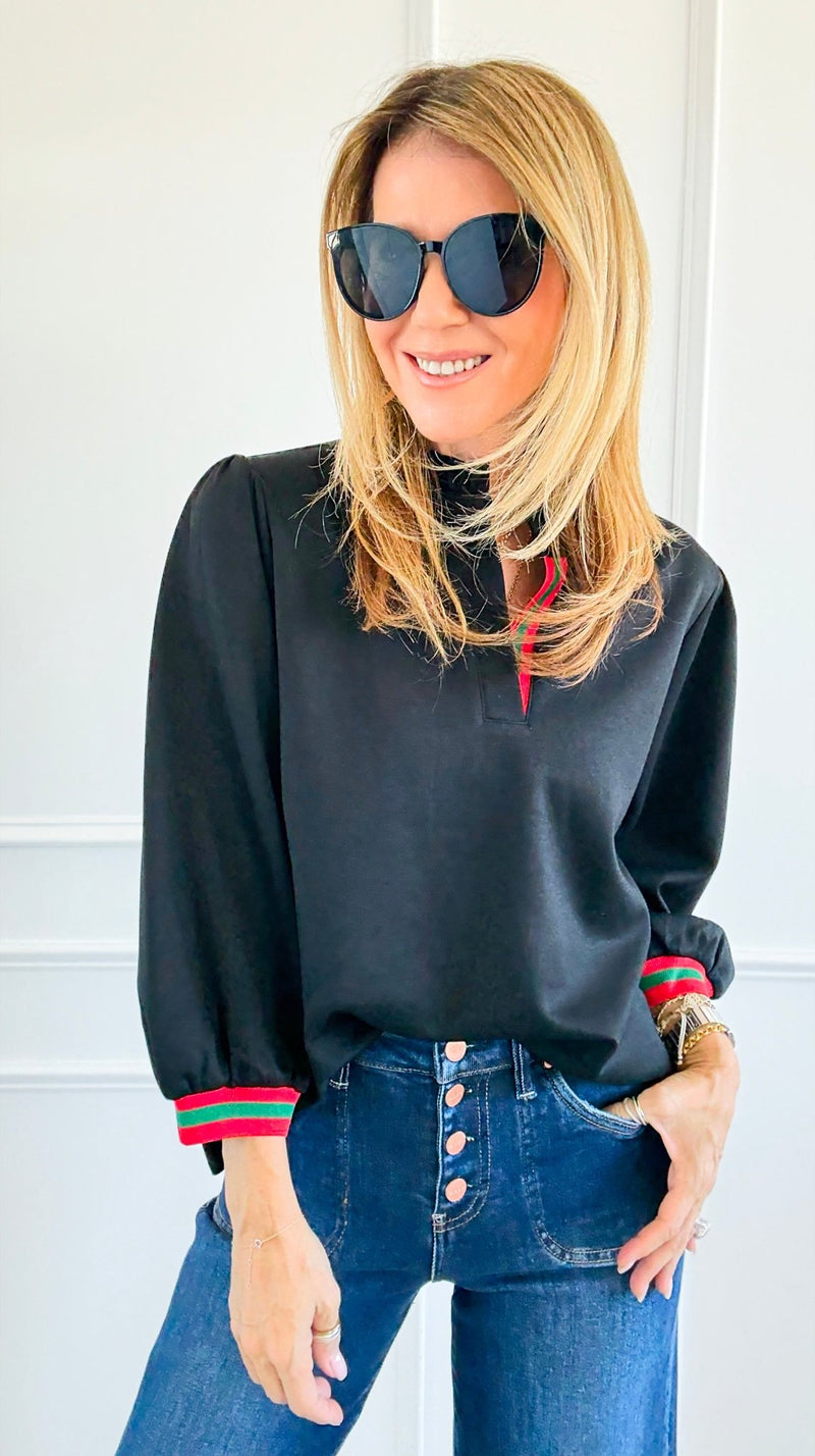 Ruffled Collar Trim Top - Black-110 Long Sleeve Tops-JODIFL-Coastal Bloom Boutique, find the trendiest versions of the popular styles and looks Located in Indialantic, FL