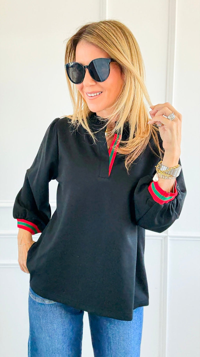 Ruffled Collar Trim Top - Black-110 Long Sleeve Tops-JODIFL-Coastal Bloom Boutique, find the trendiest versions of the popular styles and looks Located in Indialantic, FL