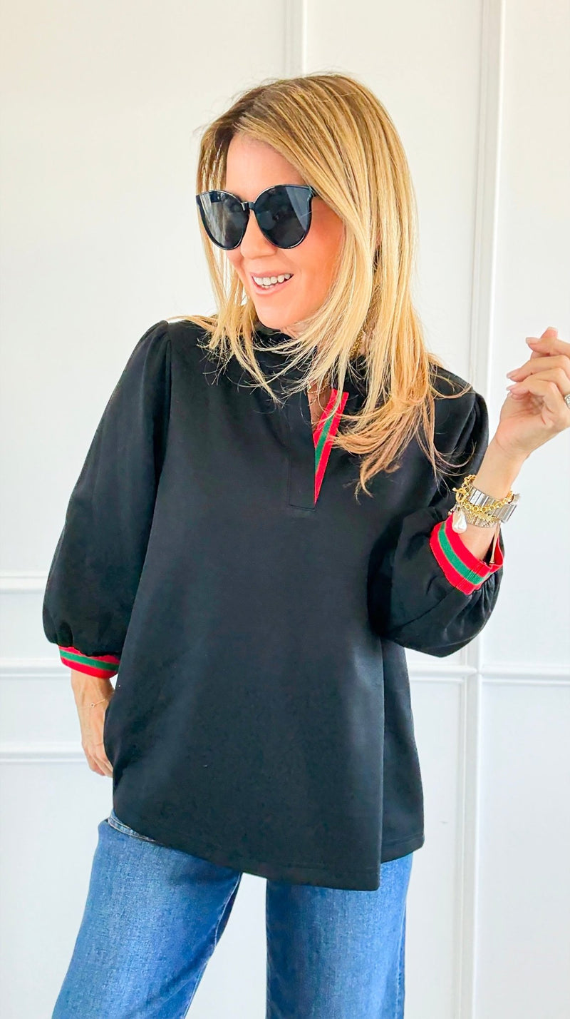 Ruffled Collar Trim Top - Black-110 Long Sleeve Tops-JODIFL-Coastal Bloom Boutique, find the trendiest versions of the popular styles and looks Located in Indialantic, FL