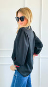 Ruffled Collar Trim Top - Black-110 Long Sleeve Tops-JODIFL-Coastal Bloom Boutique, find the trendiest versions of the popular styles and looks Located in Indialantic, FL
