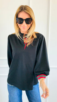 Ruffled Collar Trim Top - Black-110 Long Sleeve Tops-JODIFL-Coastal Bloom Boutique, find the trendiest versions of the popular styles and looks Located in Indialantic, FL