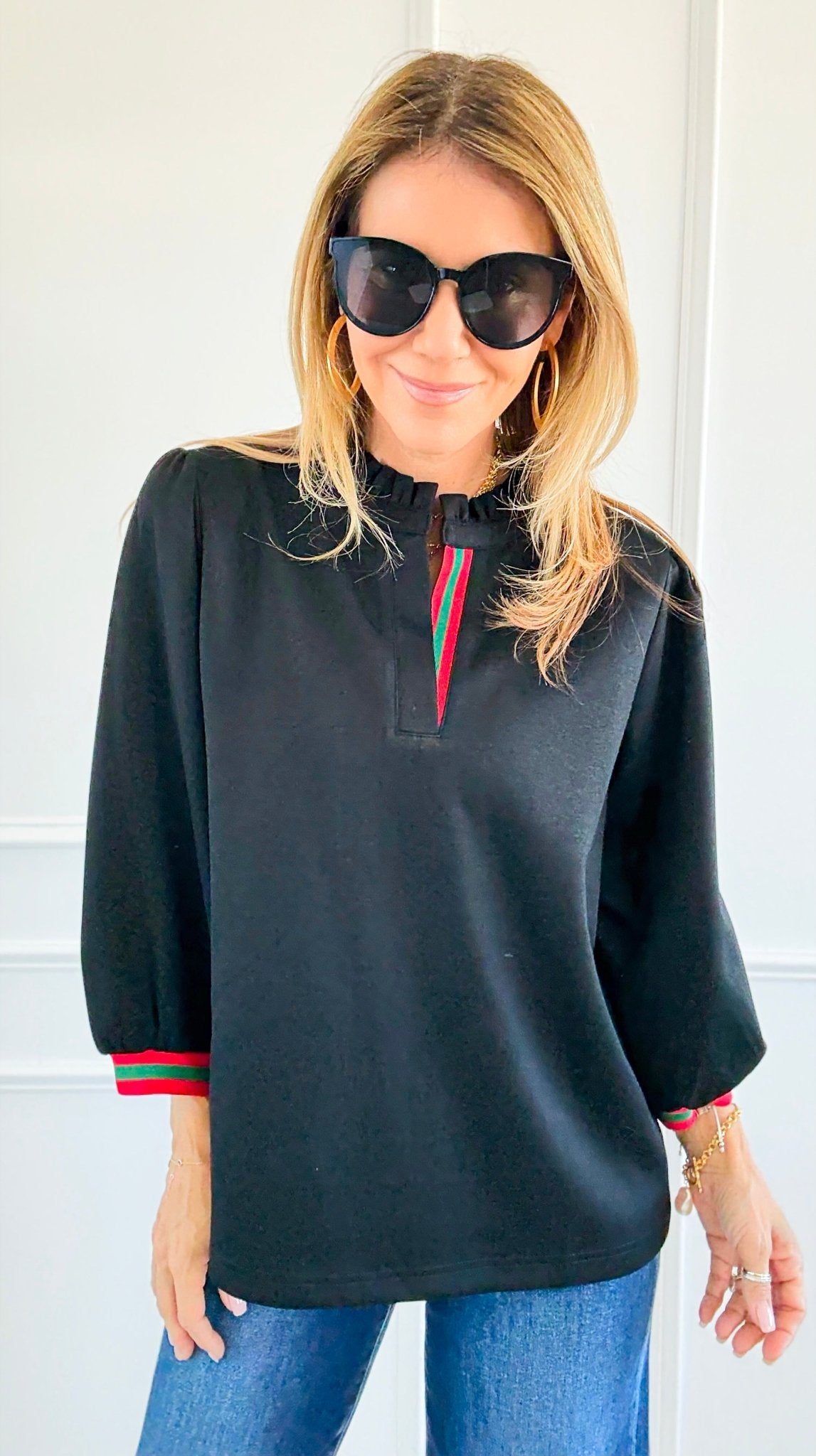Ruffled Collar Trim Top - Black-110 Long Sleeve Tops-JODIFL-Coastal Bloom Boutique, find the trendiest versions of the popular styles and looks Located in Indialantic, FL