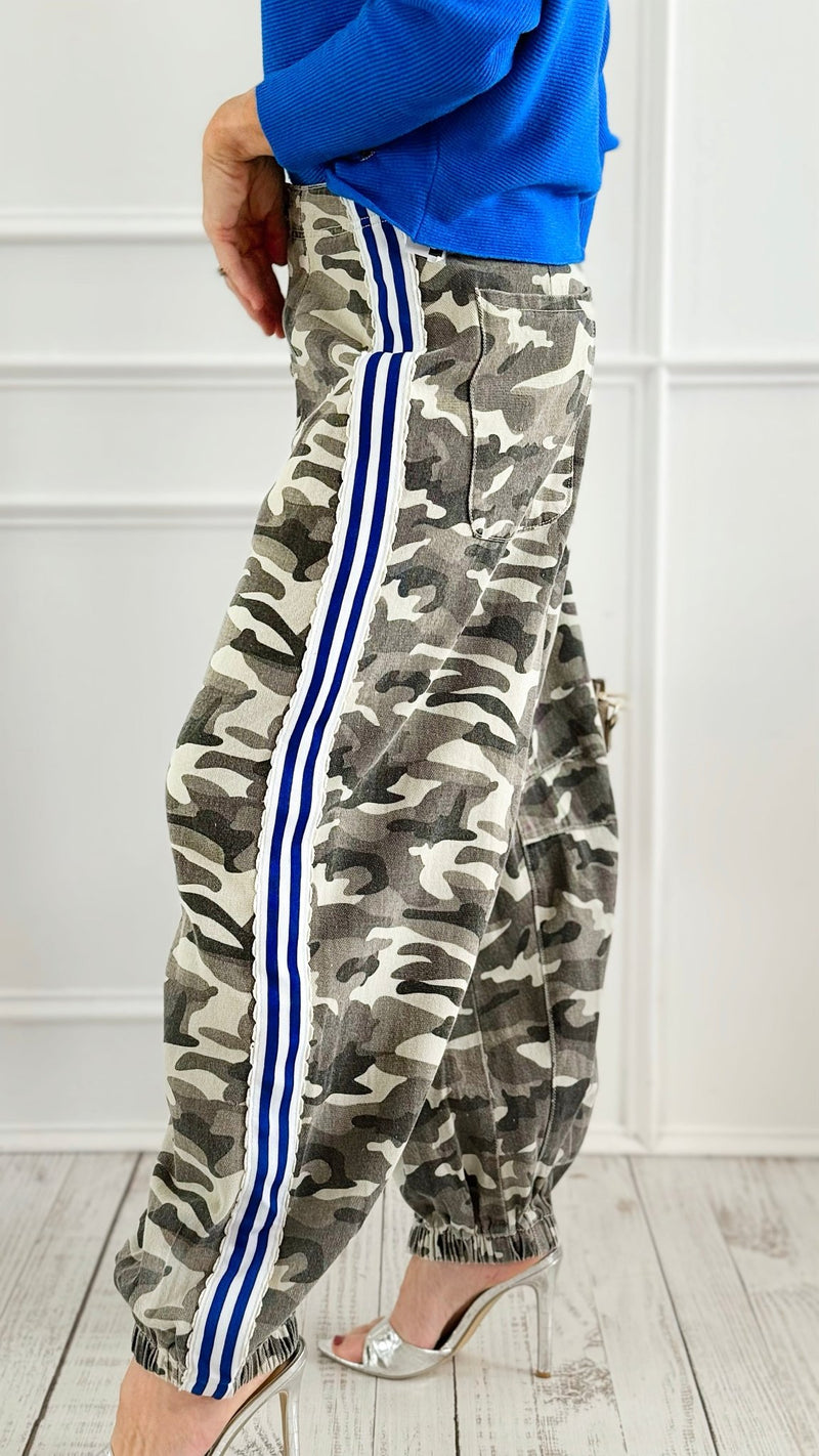 Run Wild Stripe Detail Pants - Grey Camo-170 Bottoms-POL-Coastal Bloom Boutique, find the trendiest versions of the popular styles and looks Located in Indialantic, FL