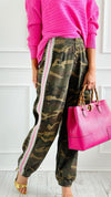 Run Wild Stripe Detail Pants - Olive Camo-170 Bottoms-POL-Coastal Bloom Boutique, find the trendiest versions of the popular styles and looks Located in Indialantic, FL