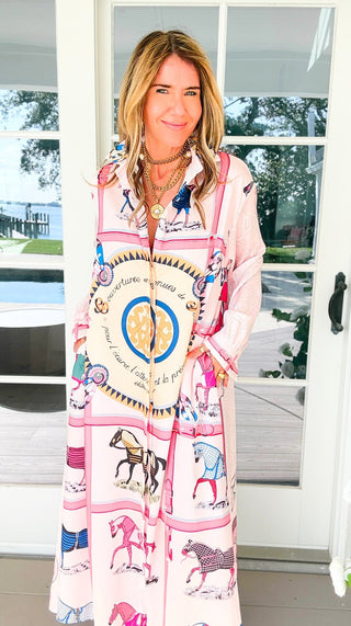 Saddle Chic Scarf Print Italian Button Long Dress
