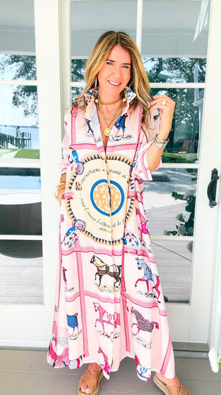 Saddle Chic Scarf Print Italian Button Long Dress