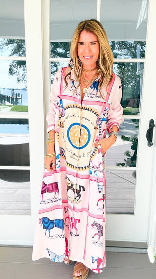 Saddle Chic Scarf Print Italian Button Long Dress