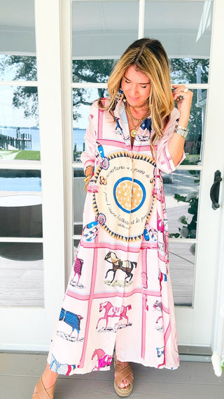 Saddle Chic Scarf Print Italian Button Long Dress