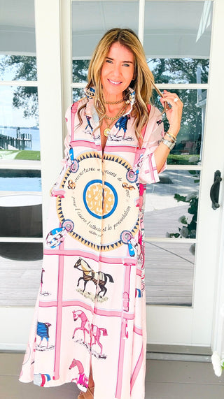 Saddle Chic Scarf Print Italian Button Long Dress