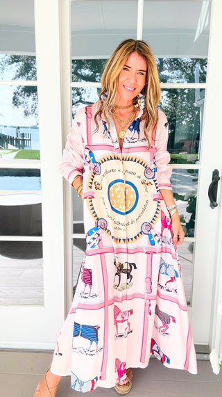 Saddle Chic Scarf Print Italian Button Long Dress