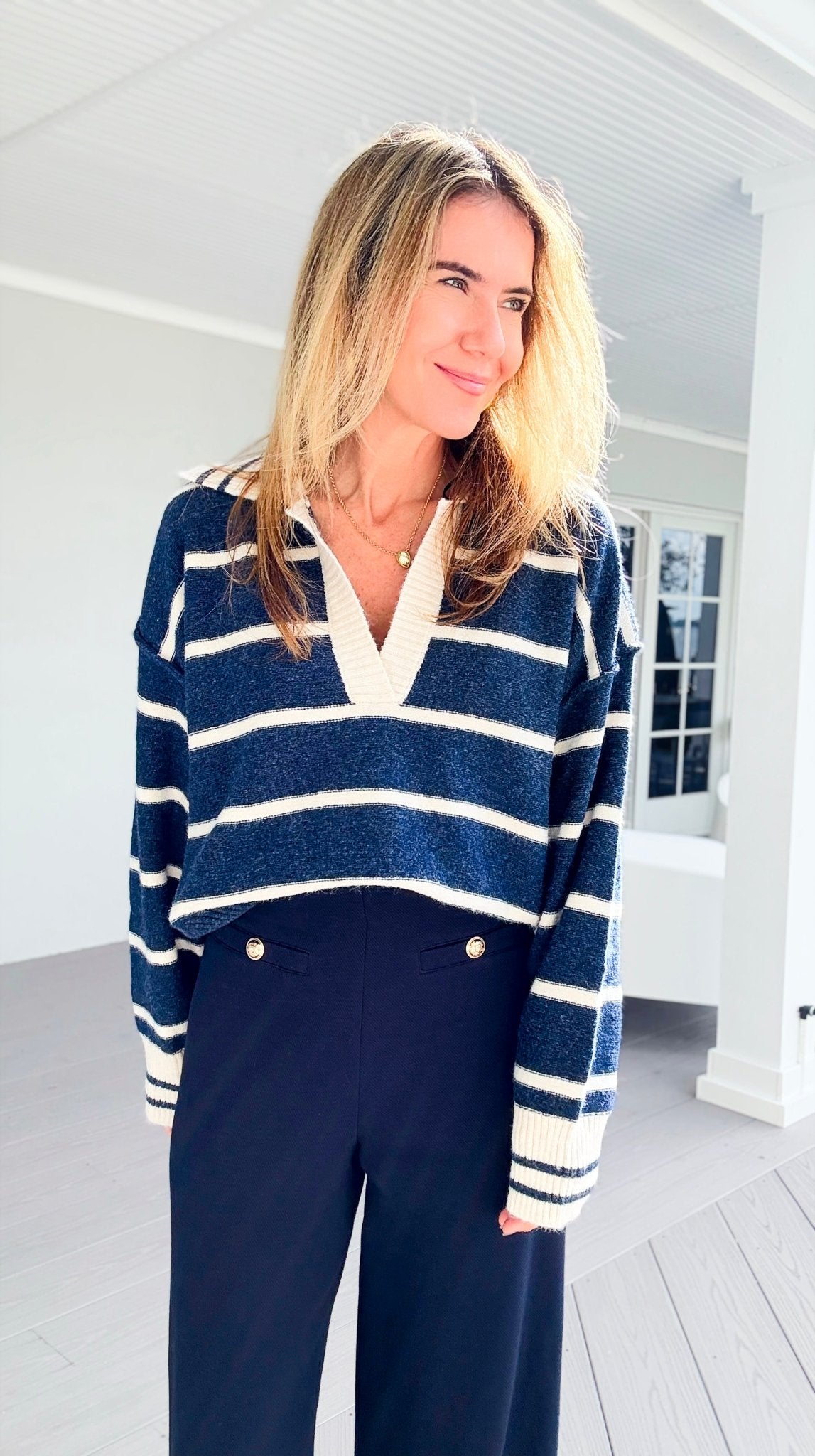 Sail Away V-Neck Knit Sweater-140 Sweaters-Creamon-Coastal Bloom Boutique, find the trendiest versions of the popular styles and looks Located in Indialantic, FL