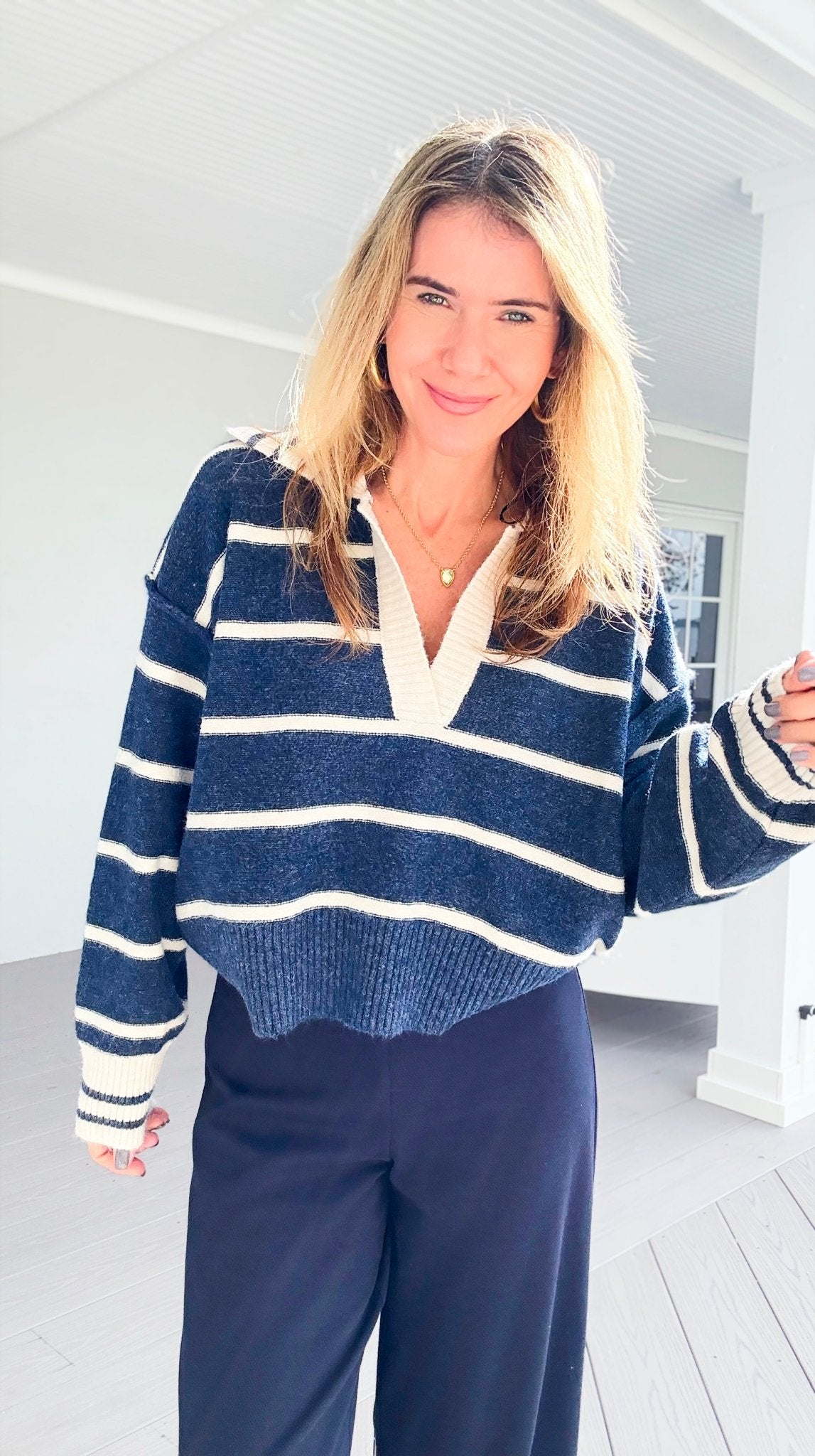 Sail Away V-Neck Knit Sweater-140 Sweaters-Creamon-Coastal Bloom Boutique, find the trendiest versions of the popular styles and looks Located in Indialantic, FL