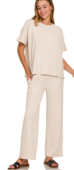 Relax Mode Two-Piece Slub Knit Set - Sand Beige-210 Loungewear/Sets-Zenana-Coastal Bloom Boutique, find the trendiest versions of the popular styles and looks Located in Indialantic, FL
