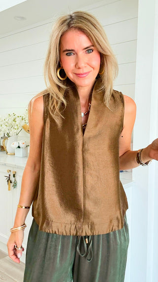 Satin Mock Neck Top - Brown