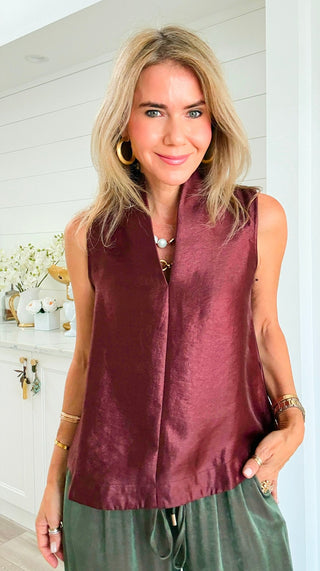 Satin Mock Neck Top - Burgundy