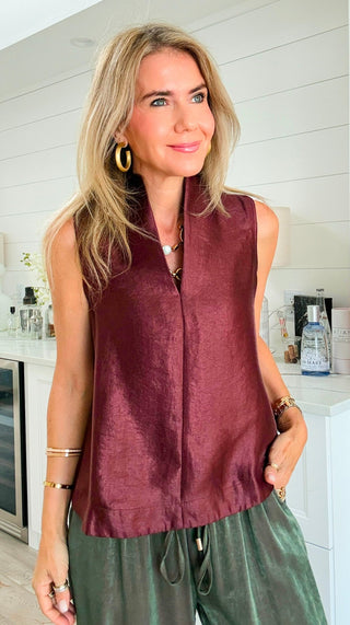 Satin Mock Neck Top - Burgundy