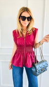 Sculpted Elegance Peplum Top - Burgundy-100 Sleeveless Tops-entro-Coastal Bloom Boutique, find the trendiest versions of the popular styles and looks Located in Indialantic, FL