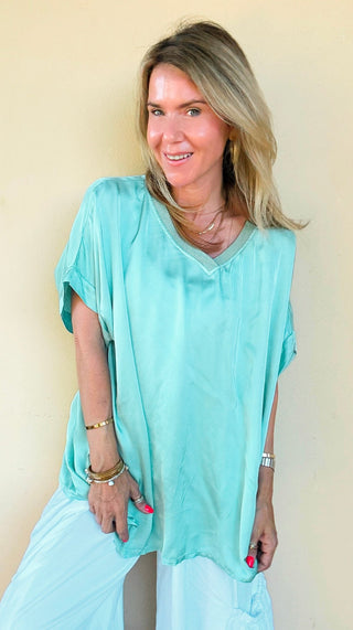 Sea Glass Shimmer V- Neck Italian Top- Turquoise