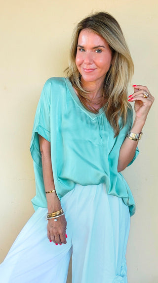 Sea Glass Shimmer V- Neck Italian Top- Turquoise