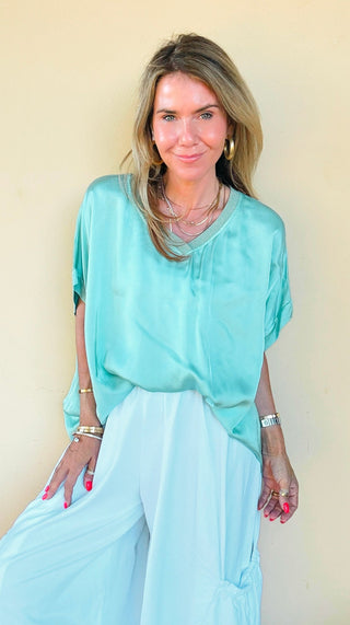 Sea Glass Shimmer V- Neck Italian Top- Turquoise