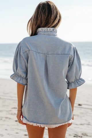 Seabreeze Ruffle Chambray Puff Sleeve Top