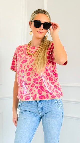 Sequin Animal Print Top - Fuchsia