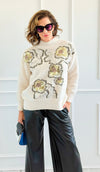 Sequin Blossom Italian Knit Sweater- Ivory-140 Sweaters-AZUL MONACO-Coastal Bloom Boutique, find the trendiest versions of the popular styles and looks Located in Indialantic, FL