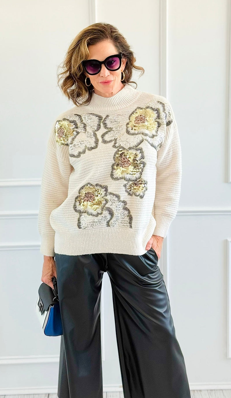 Sequin Blossom Italian Knit Sweater- Ivory-140 Sweaters-AZUL MONACO-Coastal Bloom Boutique, find the trendiest versions of the popular styles and looks Located in Indialantic, FL