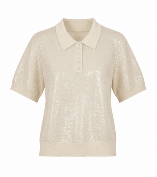 Sequin Knit Polo Top - Cream