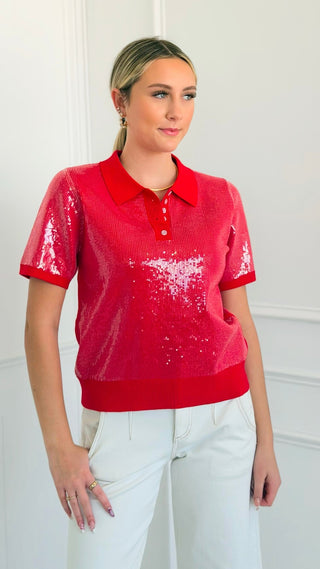 Sequin Knit Polo Top - Red