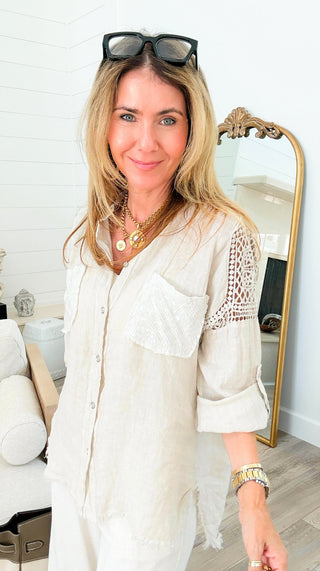 Sequin Pocket & Crochet Sleeve Linen Italian Button Top