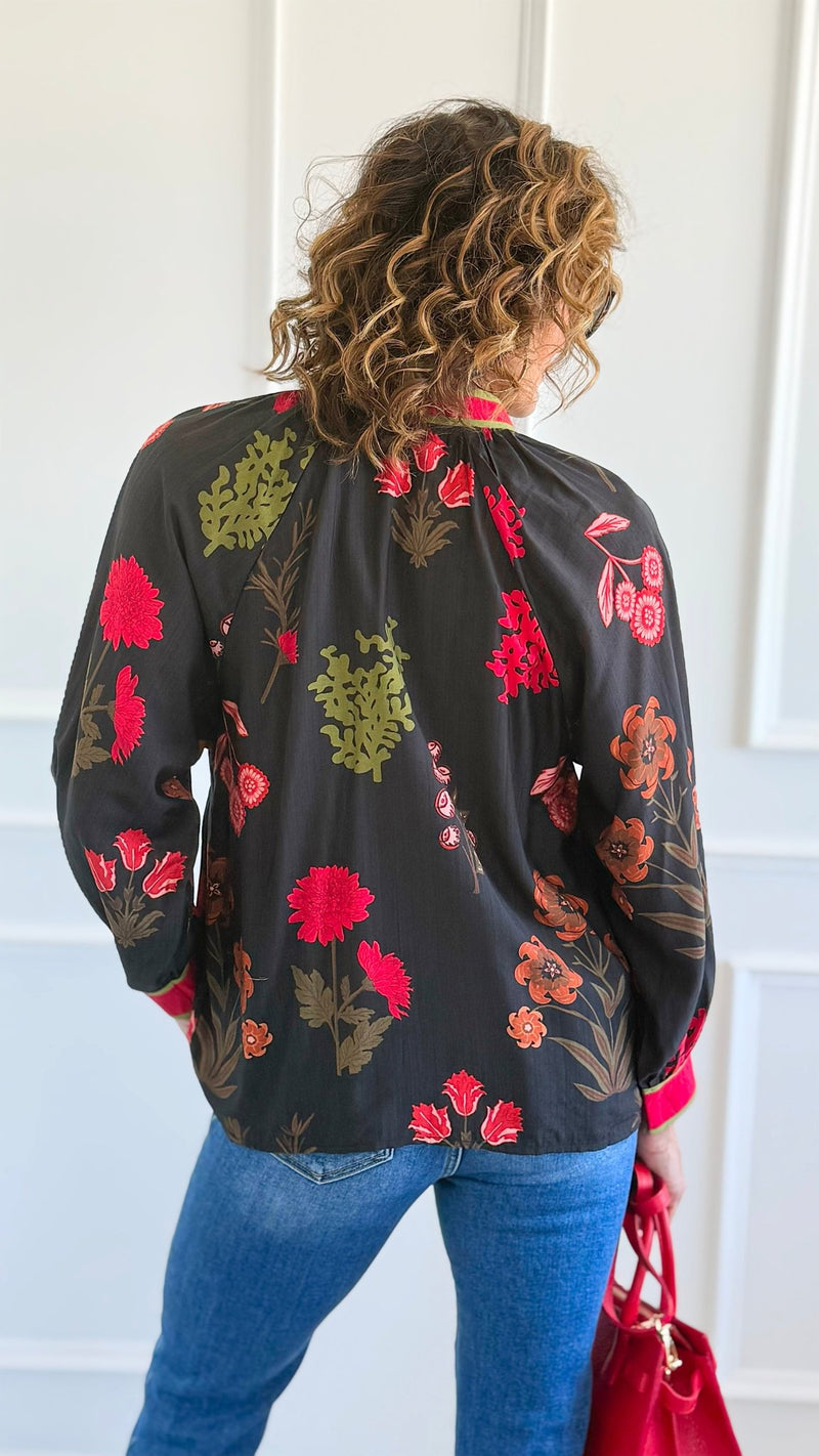 Shadow Blossoms V-Neck Top-110 Long Sleeve Tops-Umgee-Coastal Bloom Boutique, find the trendiest versions of the popular styles and looks Located in Indialantic, FL
