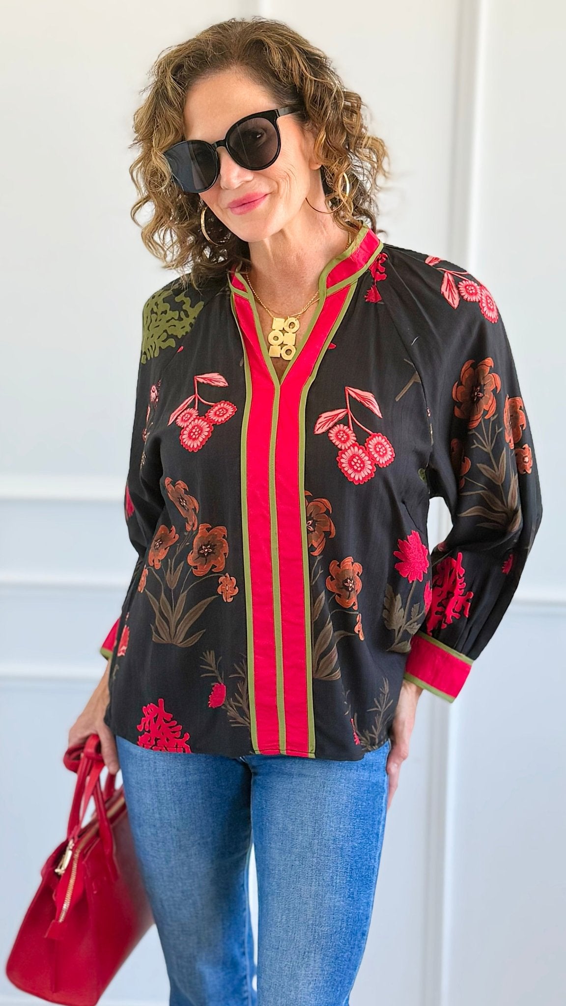 Shadow Blossoms V-Neck Top-110 Long Sleeve Tops-Umgee-Coastal Bloom Boutique, find the trendiest versions of the popular styles and looks Located in Indialantic, FL