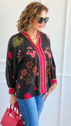 Shadow Blossoms V-Neck Top-110 Long Sleeve Tops-Umgee-Coastal Bloom Boutique, find the trendiest versions of the popular styles and looks Located in Indialantic, FL
