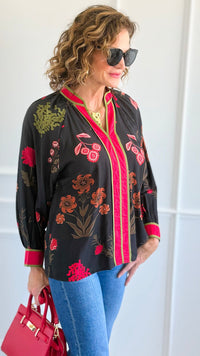 Shadow Blossoms V-Neck Top-110 Long Sleeve Tops-Umgee-Coastal Bloom Boutique, find the trendiest versions of the popular styles and looks Located in Indialantic, FL