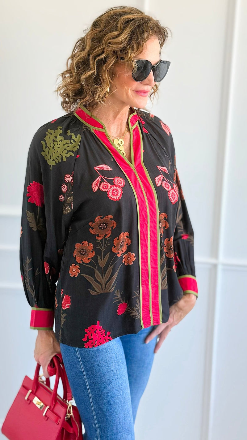 Shadow Blossoms V-Neck Top-110 Long Sleeve Tops-Umgee-Coastal Bloom Boutique, find the trendiest versions of the popular styles and looks Located in Indialantic, FL