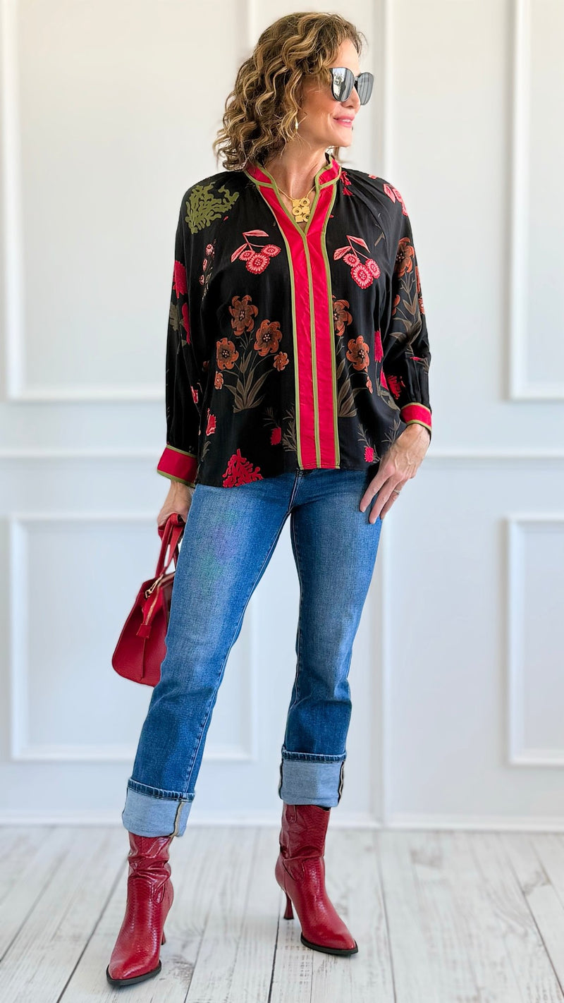 Shadow Blossoms V-Neck Top-110 Long Sleeve Tops-Umgee-Coastal Bloom Boutique, find the trendiest versions of the popular styles and looks Located in Indialantic, FL