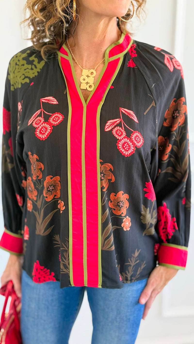 Shadow Blossoms V-Neck Top-110 Long Sleeve Tops-Umgee-Coastal Bloom Boutique, find the trendiest versions of the popular styles and looks Located in Indialantic, FL