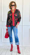 Shadow Blossoms V-Neck Top-110 Long Sleeve Tops-Umgee-Coastal Bloom Boutique, find the trendiest versions of the popular styles and looks Located in Indialantic, FL