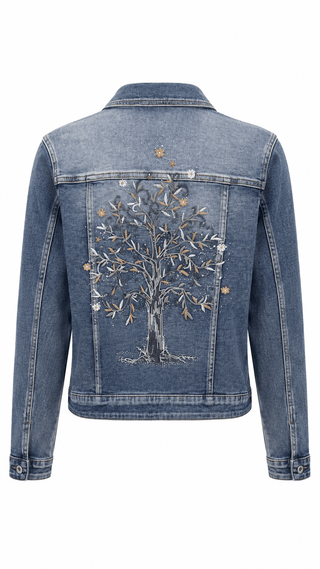 Shine Tree Motif Washed Denim Jacket
